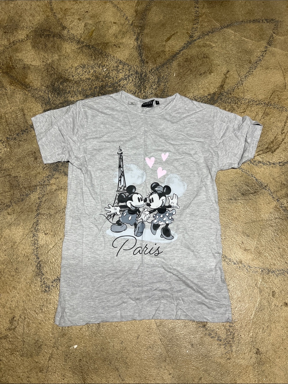 Disney Gray Short Sleeve Paris Mickey & Minnie Tee with Pink Hearts